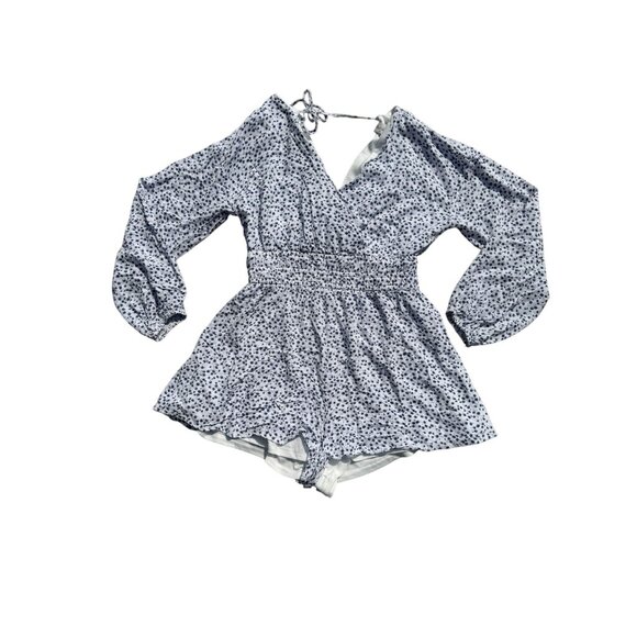 Blue & White Floral Long Sleeve Romper By Altard State M Elastic Waist V-Neck Ti - Picture 1 of 6